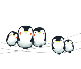 Hand drawn funny group of cartoon penguins. Funny, frozen.  Perfect for greeting card, wallpaper or print design.