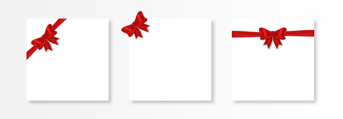 Ribbon red satin Bow set on a paper. Vector illustration