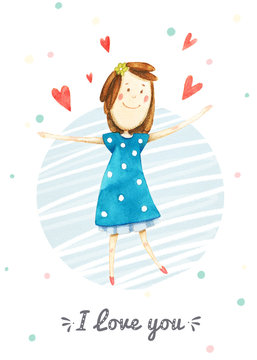 Hand painted watercolor happy girl in blue dress with hearts