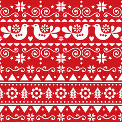 Scandinavian Christmas cute seamless vector pattern folk art style, repetitive winter retro Nordic design with birds, Christmas trees, snowflakes and flowers © redkoala