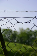 barbed wire fence with a hole in the net, gap in the security system with broken fence