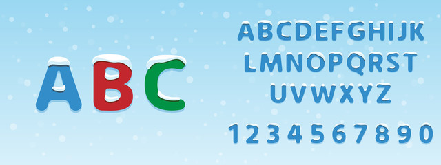 Winter font. Snow covered letters and numbers with usage example. Vector illustration EPS 10.	