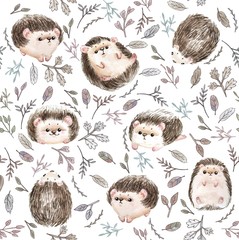 Cute baby hedgehog animal seamless pattern, nursery isolated illustration for children clothing. Watercolor Hand drawn boho image Perfect for phone cases design, nursery posters, postcards - Illustrat