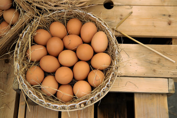 Close up brown chicken eggs pattern texture background on the basket with rice straw