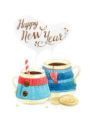 Hand drawn new year watercolor cups for couple with happy new year lettering. Cozy mugs for two. 