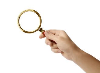 Woman holding magnifying glass on white background, closeup