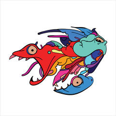 Vector abstract cartoon doodle skull, bone, insect, and head colorful illustration. Liquid and fluid abstract tribal tattoo, sticker and wallpaper background.