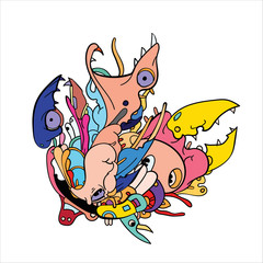 Vector abstract cartoon doodle skull, bone, insect, and head colorful illustration. Liquid and fluid abstract tribal tattoo, sticker and wallpaper background.