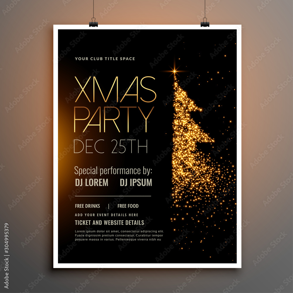 Wall mural merry christmas party flyer with golden sparkle tree - Wall murals