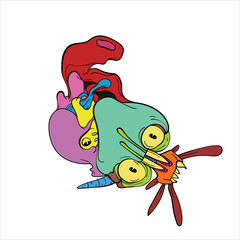 Vector abstract cartoon doodle skull, bone, insect, and head colorful illustration. Liquid and fluid abstract tribal tattoo, sticker and wallpaper background.