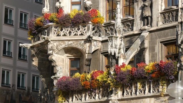 Munich, Germany - October 25, 2019: The new town hall in Munich is decorated with a variety of blooming flowers. Marienplatz, the central square of the city