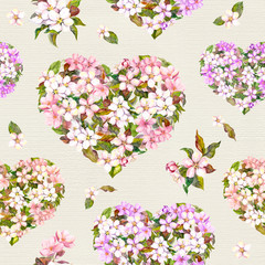Seamless pattern for Valentine day. Floral hearts with apple flowers, cherry blossom. Watercolor