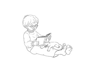 Lesezeit Junge sitzt barfuß mit Buch in Hand und Katze auf den Beinen entspannt liest mit Lächeln auf den Lippen Freude Ruhe Bildung Homeschooling