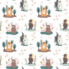 Seamless pattern with cute bears and different elements. Vector illustration in scandinavian style