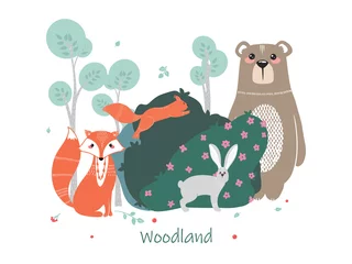 Gordijnen Cute animals on the background of the forest, trees, plants. Bear, Fox, Squirrel, Hare. Forest Animals. © arkadiwna