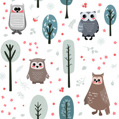 Seamless pattern with cute owl and different elements. Vector illustration in scandinavian style