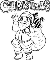 Santa in zentangle stylized doodle vector. Cute Santa Claus with a big sack full of gifts. Hand drawn line illustration. Sketch for coloring page book 