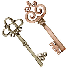 Isolated old key illustration element. Watercolor background illustration set. Isolated keys illustration element.