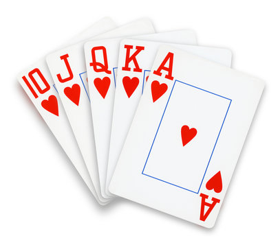 Poker cards Straight Flush hearts hand - isolated on white