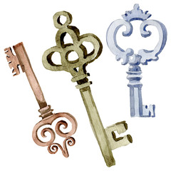 Isolated old key illustration element. Watercolor background illustration set. Isolated keys illustration element.