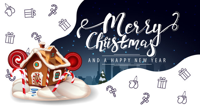 Merry Christmas and happy New Year, beautiful white and blue greeting postcard with Christmas gingerbread house and Christmas line icons, space imagination