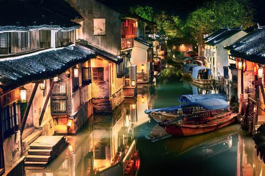 illuminated Zhouzhuang water town at night, Jiangsu, China