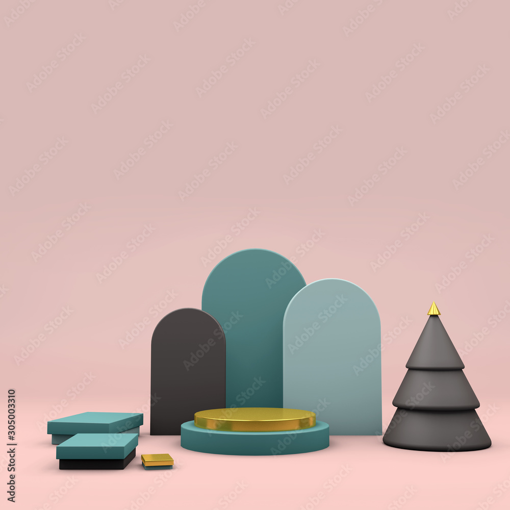 Canvas Prints modern abstract poster with pink 3d render stage with tree. 3d render stage christmas.