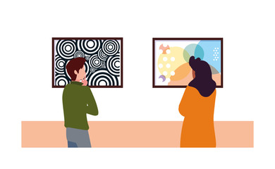 couple of people in contemporary art gallery, exhibition visitors viewing modern abstract paintings