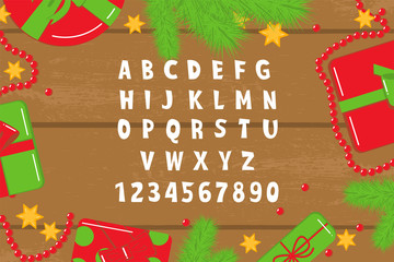 Christmas latin font. Vector cartoon english alphabet with fir tree branch, New Year typography. Funny Hand Lettering font for holiday design in logo, greeting cards, artistic poster, text for banner