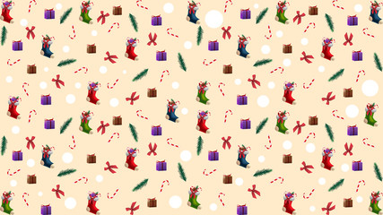 Christmas texture with Christmas tree branches, Christmas stockings, candy canes, presents and bows