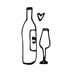 Hand drawn line art vector, drink glass and bottle icon, decorative heart on a white background isolated for use in design, doodle illustration, fashion, logo, postcard