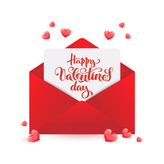 Valentine's Day calligraphy on paper within red envelope with 3d realistic hearts for sale poster, February 14 greeting card, love invitation, promo message, romantic Happy Valentines day vector font