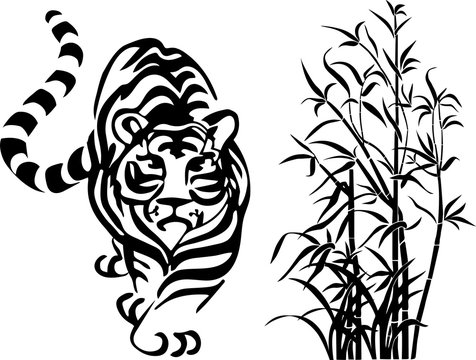 wall sticker vector tiger and stalks of bamboo black shapes on a transparent background