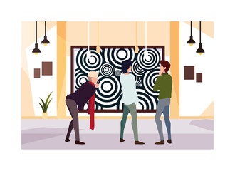 men in contemporary art gallery, exhibition visitors viewing modern abstract paintings