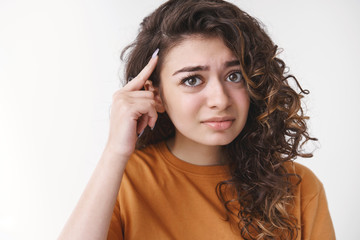 Are you out your mind. Portrait freaked out bothered pissed young confused woman arguing rolling...