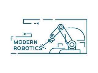 Robotic arm assembly banner. Factory industrial robot production line. Line style vector illustration. Robotic arm welding text.