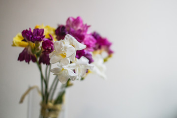 Naklejka na ściany i meble beautiful multi-colored alstroemeria bouquet in a glass vase