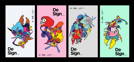 Vector abstract&nbsp;cartoon&nbsp;doodle skull, bone, insect, and head colorful illustration. Liquid and fluid abstract&nbsp;tribal tattoo, sticker and wallpaper&nbsp;background.