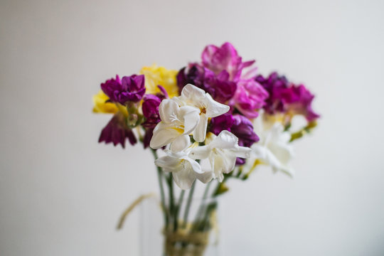 beautiful multi-colored alstroemeria bouquet in a glass vase