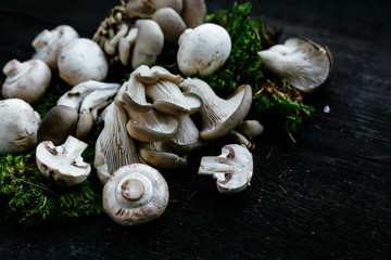 Oyster mushrooms lie on a dark wooden table