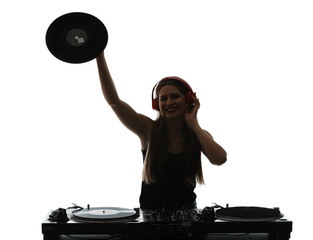 Silhouette of female dj playing music on white background