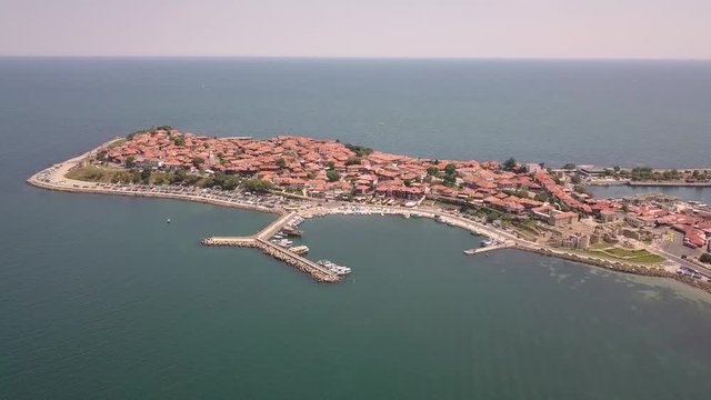 Aerial view of the ancient town of Nessebar located by the Black Sea coast in Bulgaria.
