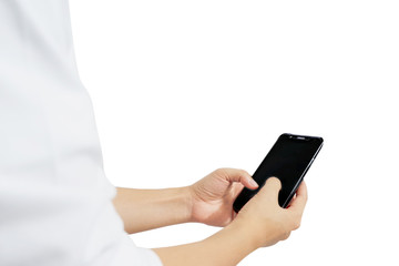 A man use the phone isolated on white background.Blank phone screen.