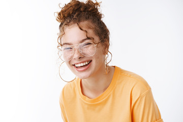 Happiness wellbeing lifestyle concept. Portrait charming laughing happy young 20s redhead girl...