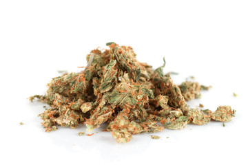 Street drug: pressed marijuana buds isolated on white