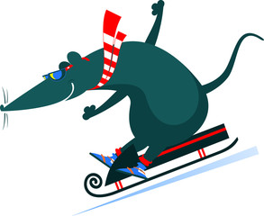 Cartoon rat or mouse rides on sledge illustration. Cartoon rat or mouse rides on sledge isolated on white illustration