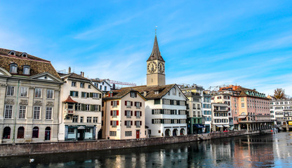 Fototapeta na wymiar Embankment of Limmat river in Zurich, Switzerland.
