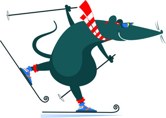 Cartoon rat or mouse a skier illustration. Funny rat or mouse skier isolated on white