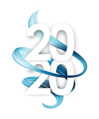 Happy New Year. Number of 2020 with light blue abstract twisted paint stroke shape. Trendy design