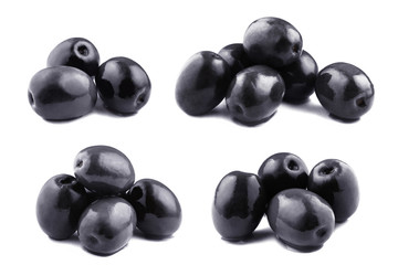 Set of fresh black olives, isolated on white background
